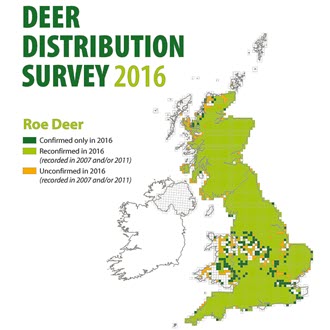 Roe deer are abundant throughout the UK except for Northern Ireland. They are particularly associated with the edges of woodlands and forests, but are also found in areas with copse, scrub, hedgerows and in agricultural fields.